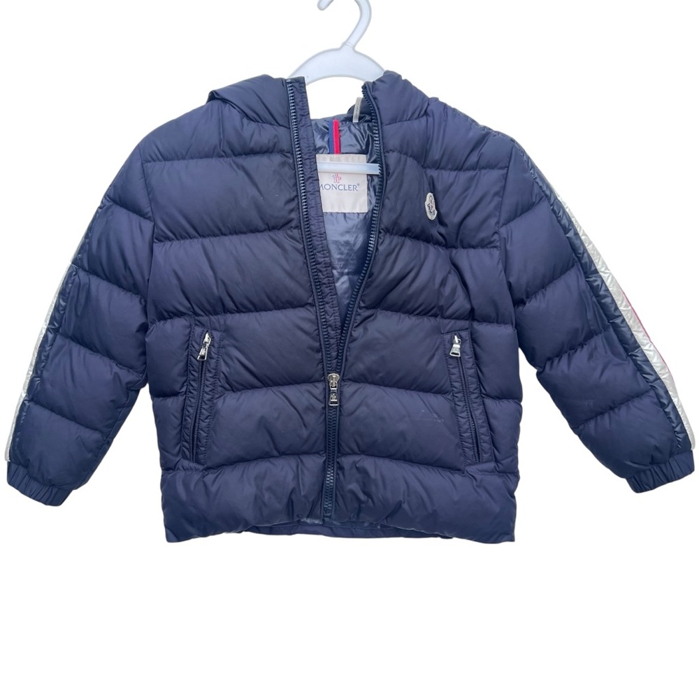 Moncler Kids Navy Blue Hooded Puffer Jacket with Silver Trim